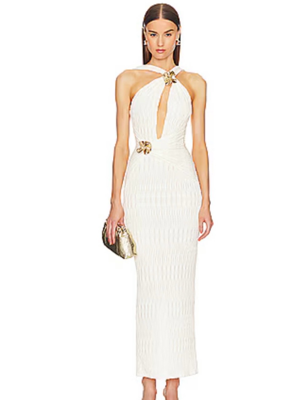 Michael Costello x Revolve White Halter Maxi Dress with Gold Hardware